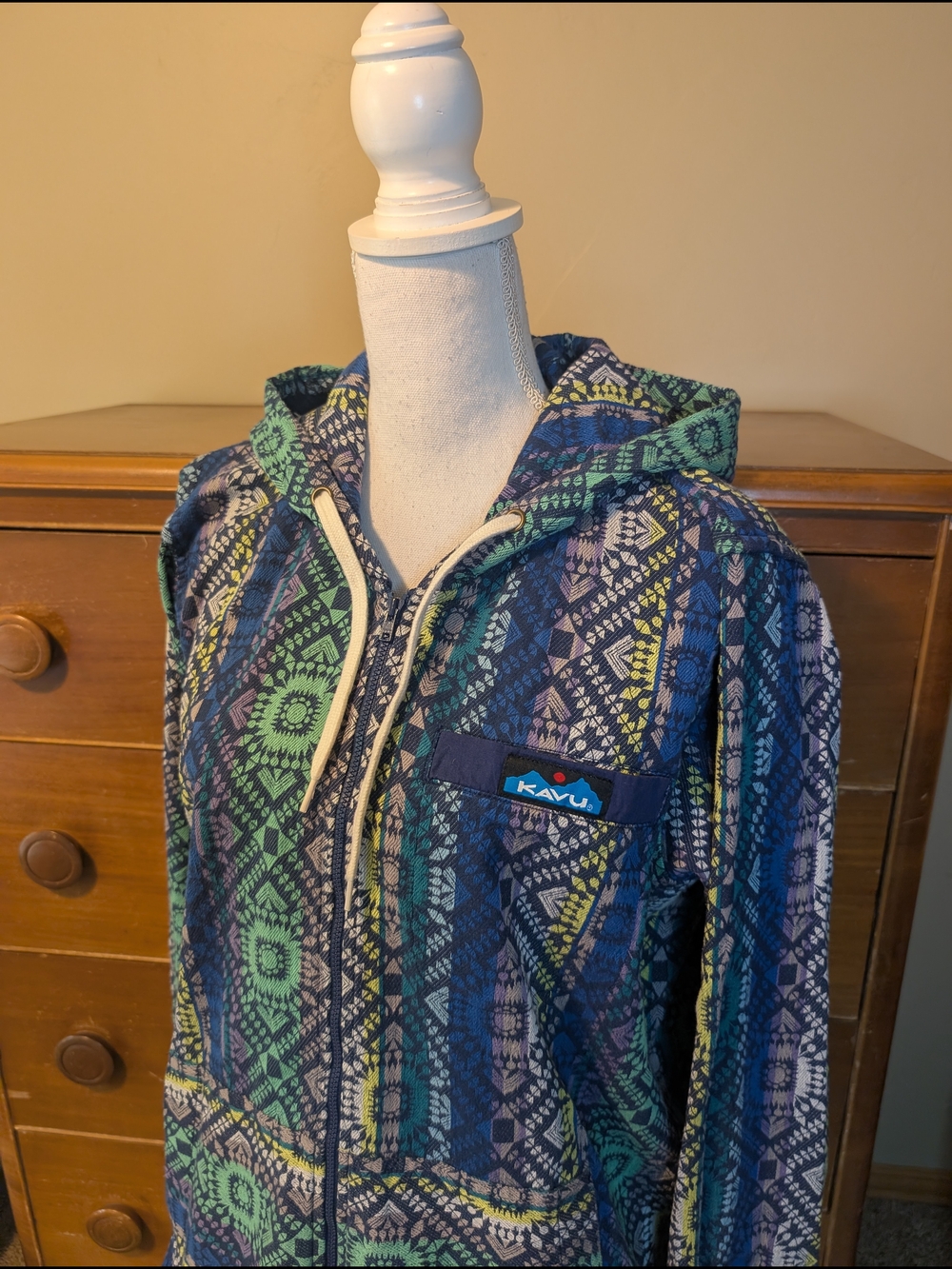 Kavu Outdoor Wear Patterned Blue-Green Hooded Zip-Up Long Length Sweatshirt XL - Picture 6 of 13